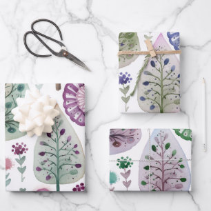 Pretty Watercolour Christmas Tree 3 Colour Mix Wrapping Paper Sheet