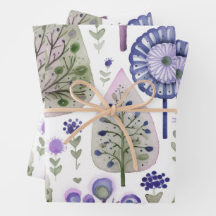 Pretty Watercolour Christmas Tree Green Purple Wrapping Paper Sheet
