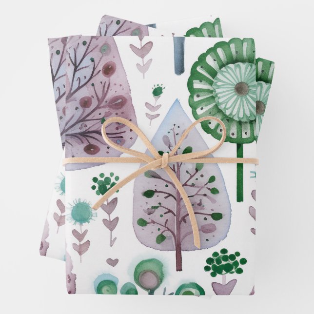 Pretty Watercolour Christmas Tree  Purple Green  Wrapping Paper Sheet (In situ)