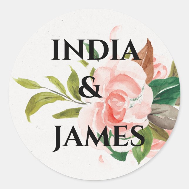 Pretty Watercolour Rose & foliage Wedding  Classic Round Sticker (Front)