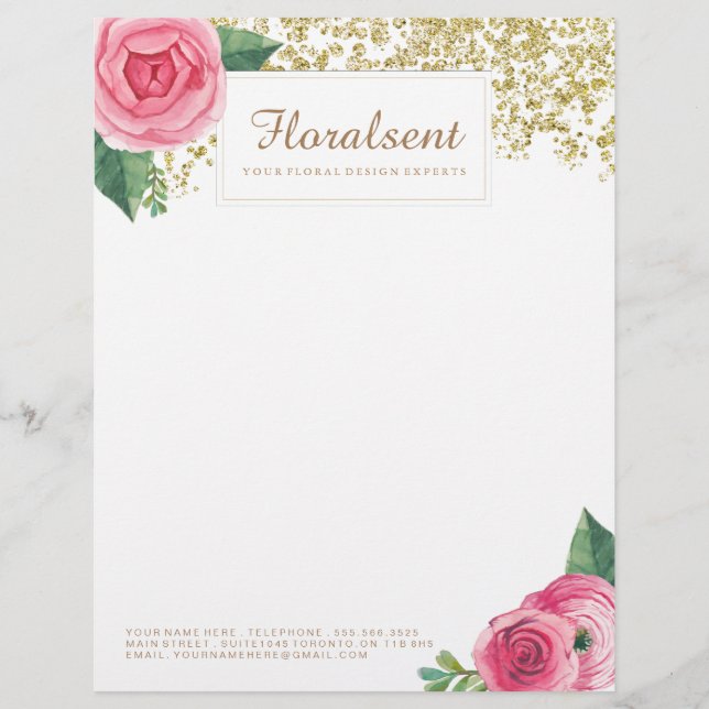 Pretty Watercolour Roses and Glitter Letterhead (Front)