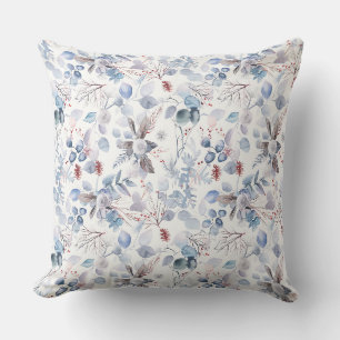Pretty Watercolour Winter Blue Floral Cushion