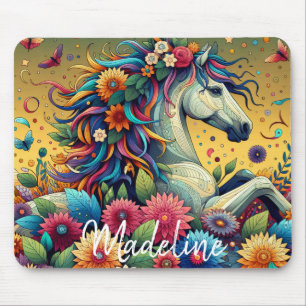 Pretty Whimsical Colourful Flowers and White Horse Mouse Mat