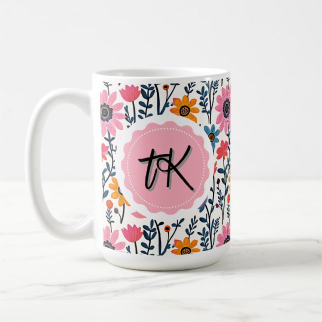 Pretty Whimsical Colourful Flowers Monogrammed Coffee Mug (Left)