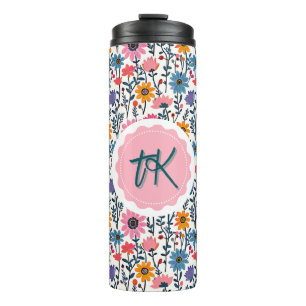 Pretty Whimsical Colourful Flowers Monogrammed Thermal Tumbler