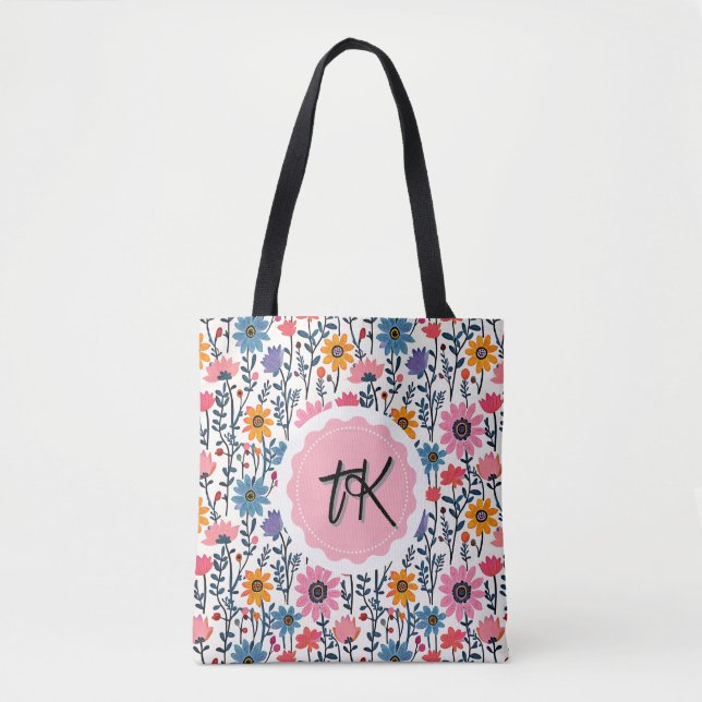 Pretty Whimsical Colourful Flowers Monogrammed Tote Bag (Front)