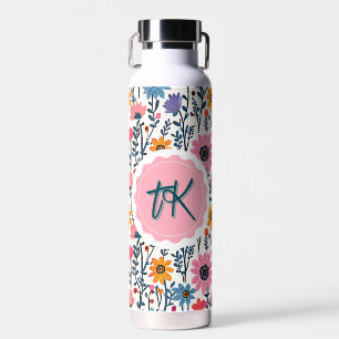 Pretty Whimsical Colourful Flowers Monogrammed Water Bottle