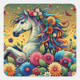 Pretty Whimsical Horse in Colorful Flowers Square Sticker