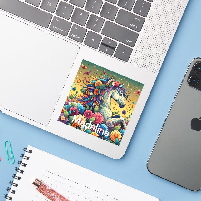 Pretty Whimsical Horse in Colourful Flowers (Laptop w/ iPhone)