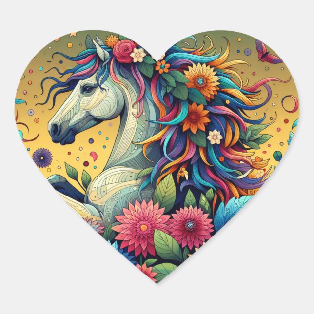 Pretty Whimsical Horse in Colourful Flowers Heart Sticker (Front)