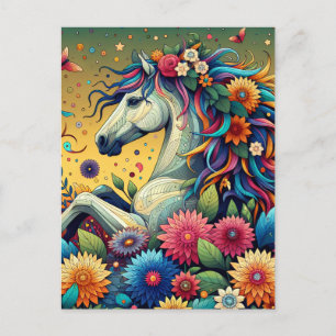 Pretty Whimsical Horse in Colourful Flowers Postcard