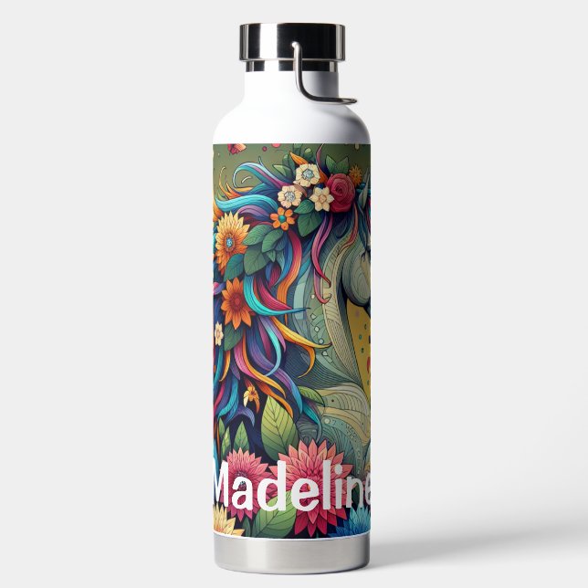 Pretty Whimsical Horse in Colourful Flowers Water Bottle (Left)