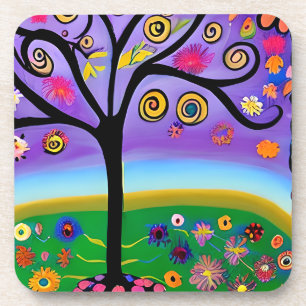 Pretty Whimsical Tree Folk Art Ai  Generated Art Coaster