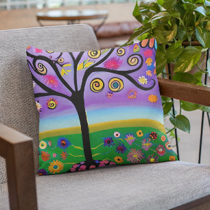 Pretty Whimsical Tree Folk Art Ai  Generated Art Cushion
