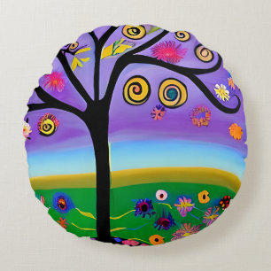 Pretty Whimsical Tree Folk Art Ai  Generated Art Round Cushion