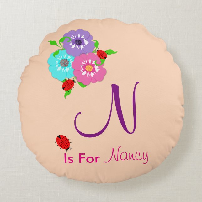 Pretty Whimsy Custom Baby Name Round Cushion (Front)
