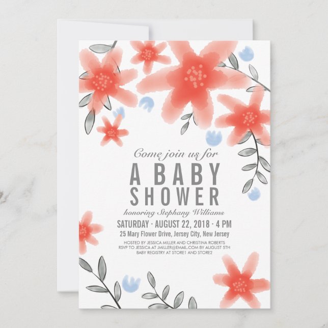 Pretty Whimsy Red Floral Baby Shower Invitation (Front)