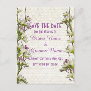 Pretty white and mauve floral save the date announcement postcard