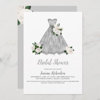 Pretty White and Silver Bridal Shower Invitation