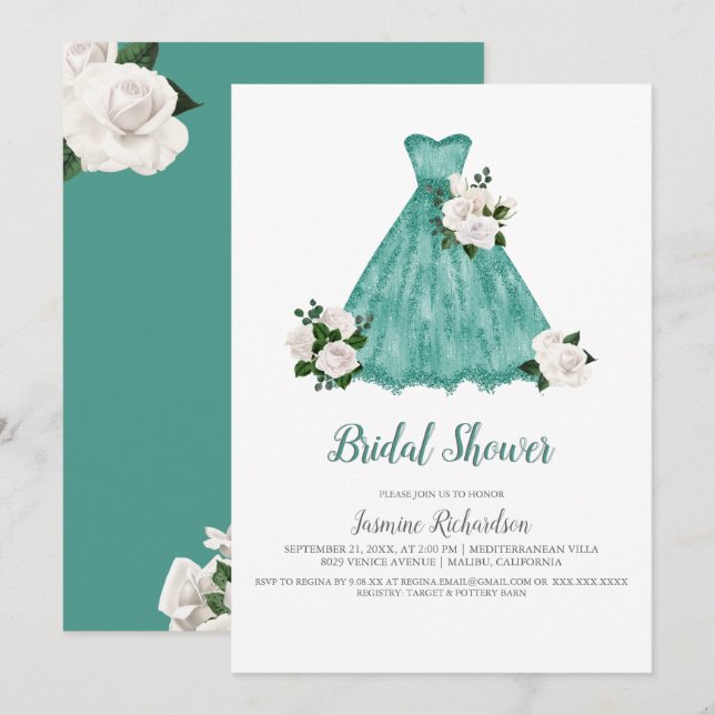 Pretty White and Teal Bridal Shower Invitation (Front/Back)