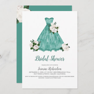 Pretty White and Teal Bridal Shower Invitation
