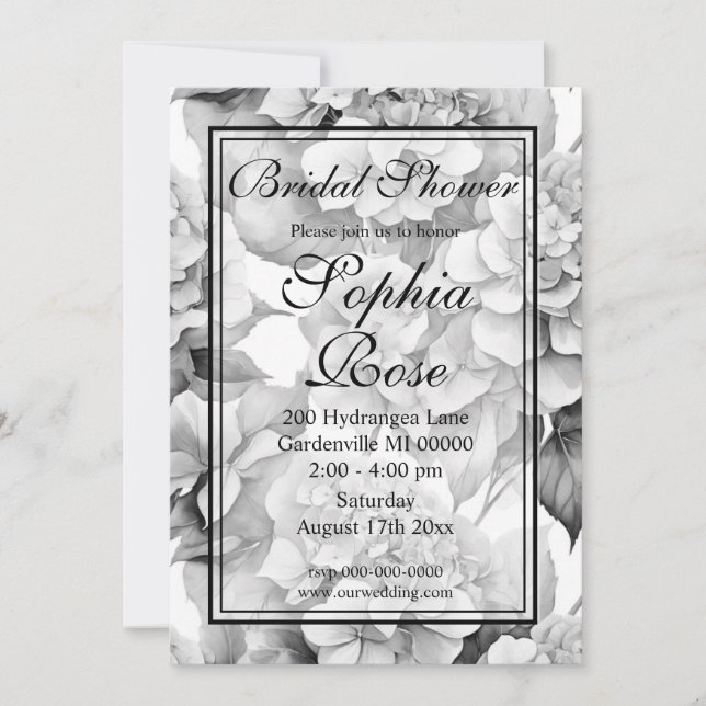 Pretty white black floral watercolor Bridal shower Invitation (Front)