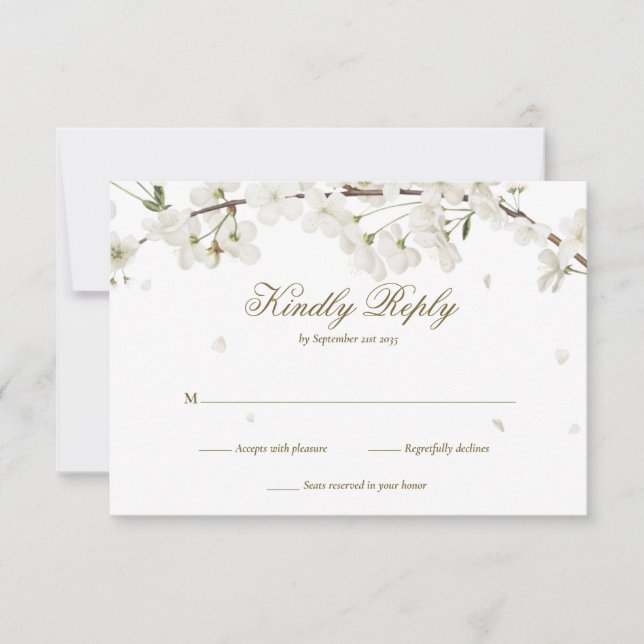Pretty White Blossom Floral Wedding RSVP Card (Front)