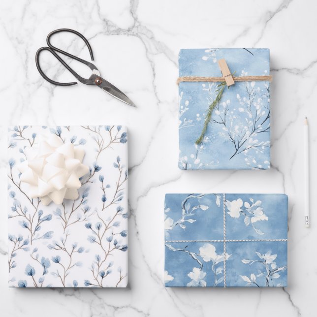 Pretty White Blue Flowers Bridal Shower Wrapping Paper Sheet (Front)