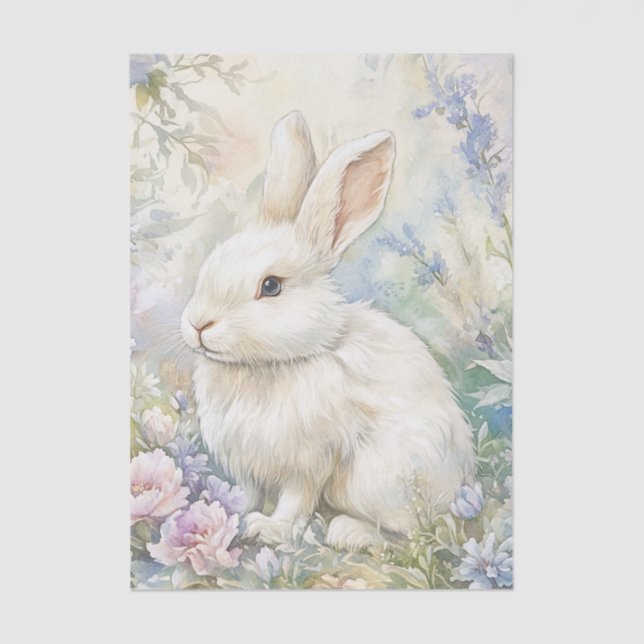 Pretty White Bunny Sitting in Patch of Wildflowers Tissue Paper (Front)