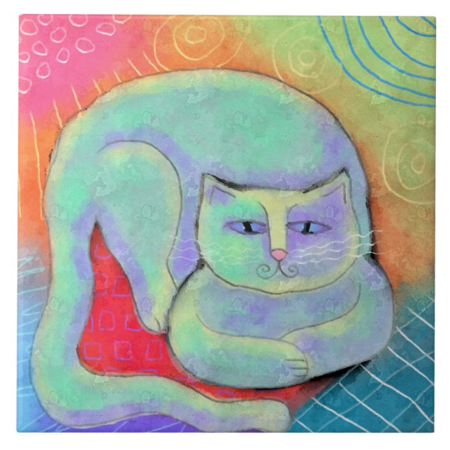 Pretty White Cat Abstract Painting Tile (Front)