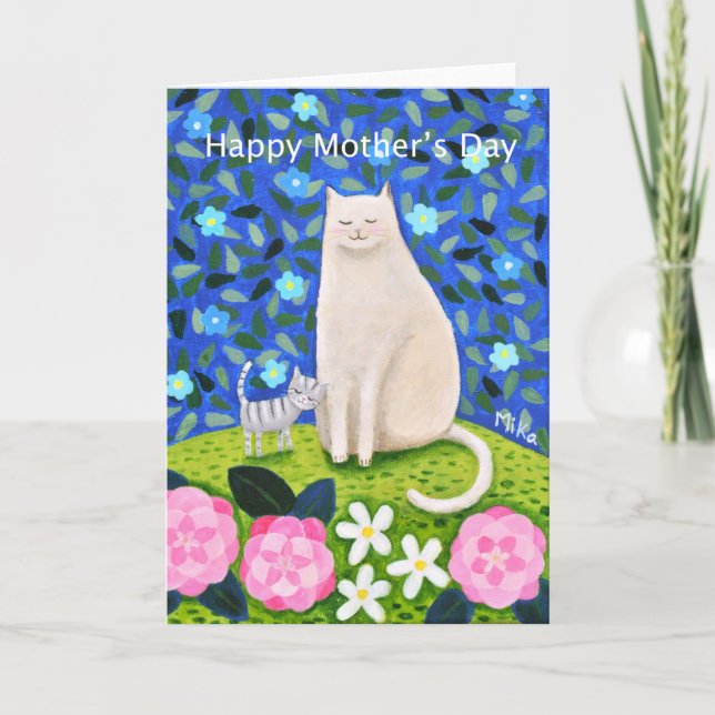 Pretty white Cat Floral Mother's day Greeting Card (Front)