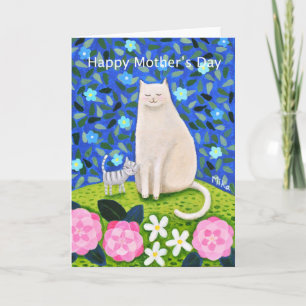 Pretty white Cat Floral Mother's day Greeting Card