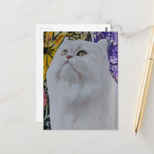 Pretty White Cat in Flowers collage Postcard (Front/Back In Situ)