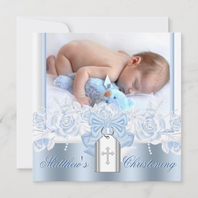 Pretty White Cross Baby Blue Christening Invitation (Front)