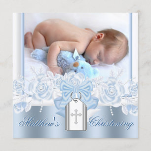 Pretty White Cross Baby Blue Christening Invitation