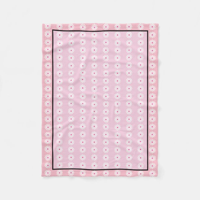 Pretty white Daisies, chic pinks, black border Fleece Blanket (Front)