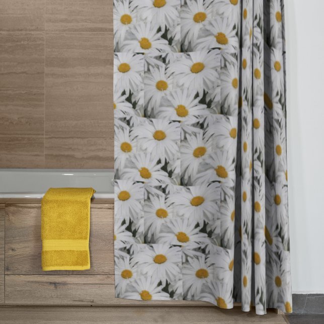 Pretty White Daisies Floral Pattern Shower Curtain (In Situ Bathroom)