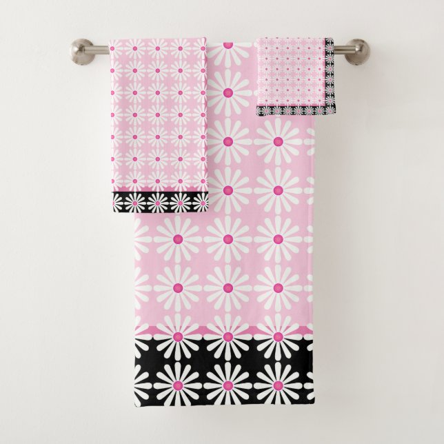 Pretty white daisies on chic French pink and black Bath Towel Set (Insitu)