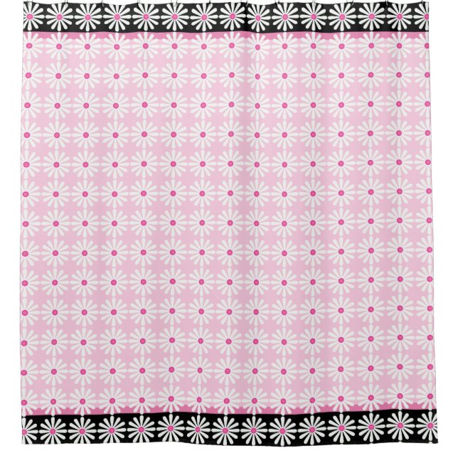 Pretty white daisies on chic French pink and black Shower Curtain (Front)