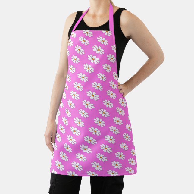 Pretty white daisies pink pattern apron (Insitu)