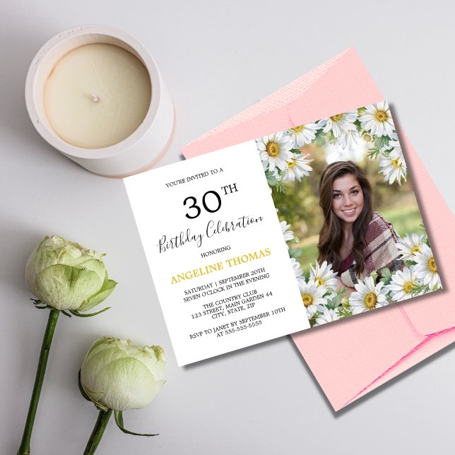 Pretty White Daisy Floral Greenery Photo Birthday Invitation (Creator Uploaded)