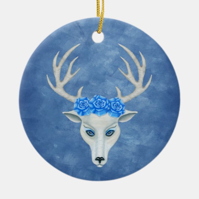 Pretty White Deer Head Antlers Roses on Blue Ceramic Tree Decoration (Front)