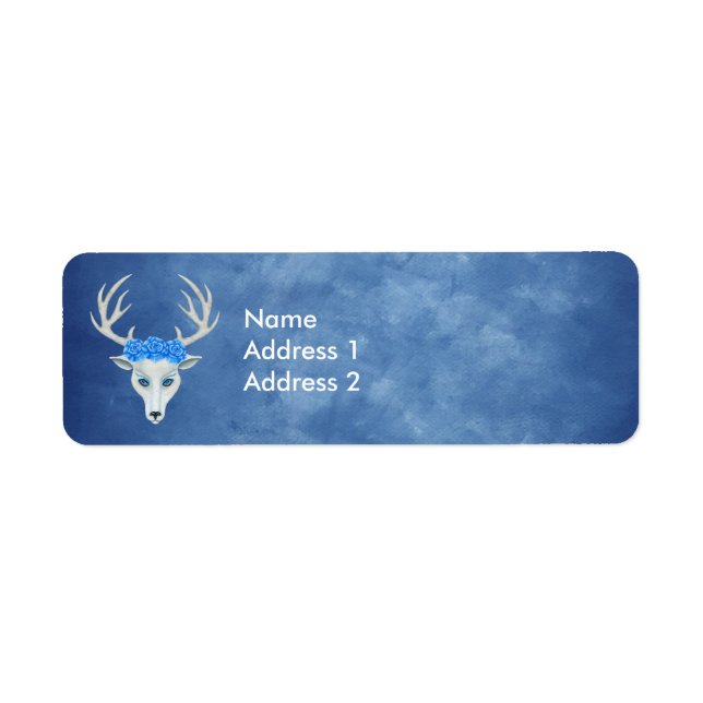 Pretty White Deer Head Blue Eyes Wearing Roses  (Front)