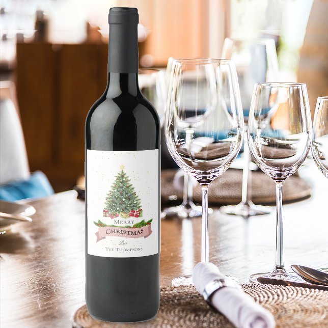 Pretty White Faux Pink Glitter Merry Christmas Wine Label (Pretty White Faux Pink Glitter Merry Christmas Wine Label)