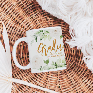 Pretty White Floral Graduate Script 2024 Two Sided Large Coffee Mug