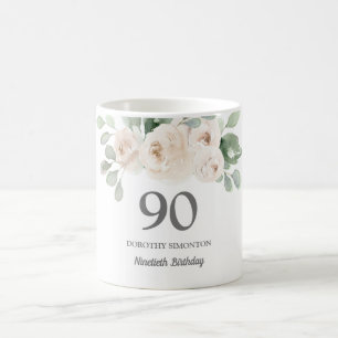 Pretty White Floral Womans 90th Birthday Gift Coffee Mug