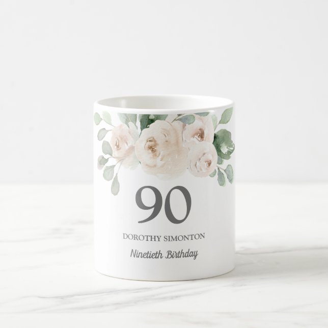 Pretty White Floral Womans 90th Birthday Gift Coffee Mug (Center)
