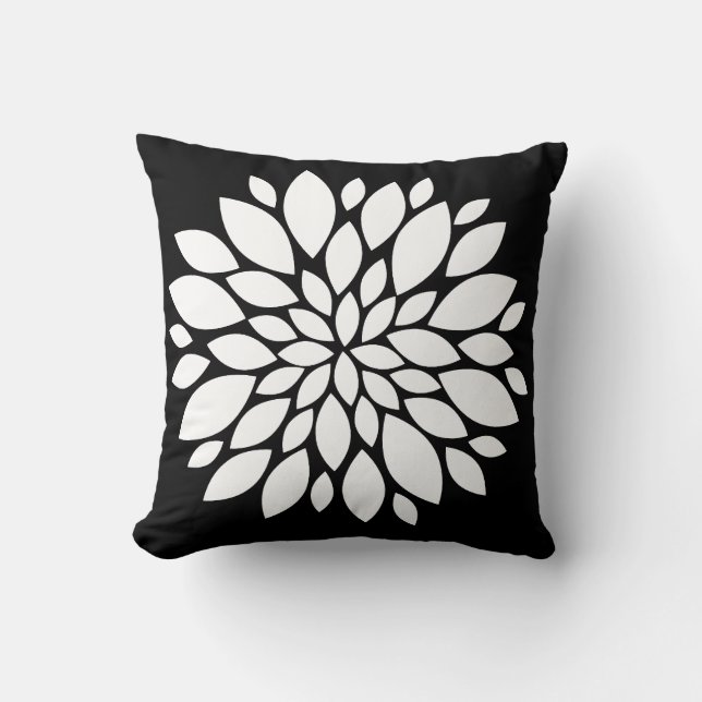 Pretty White Flower Petals Art on Black Cushion (Front)
