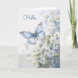 Pretty White Flowers and Blue Butterfly Hello Card