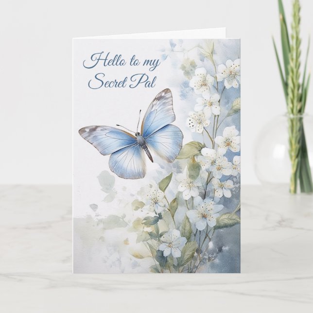 Pretty White Flowers and Blue Butterfly Secret Pal Card (Front)